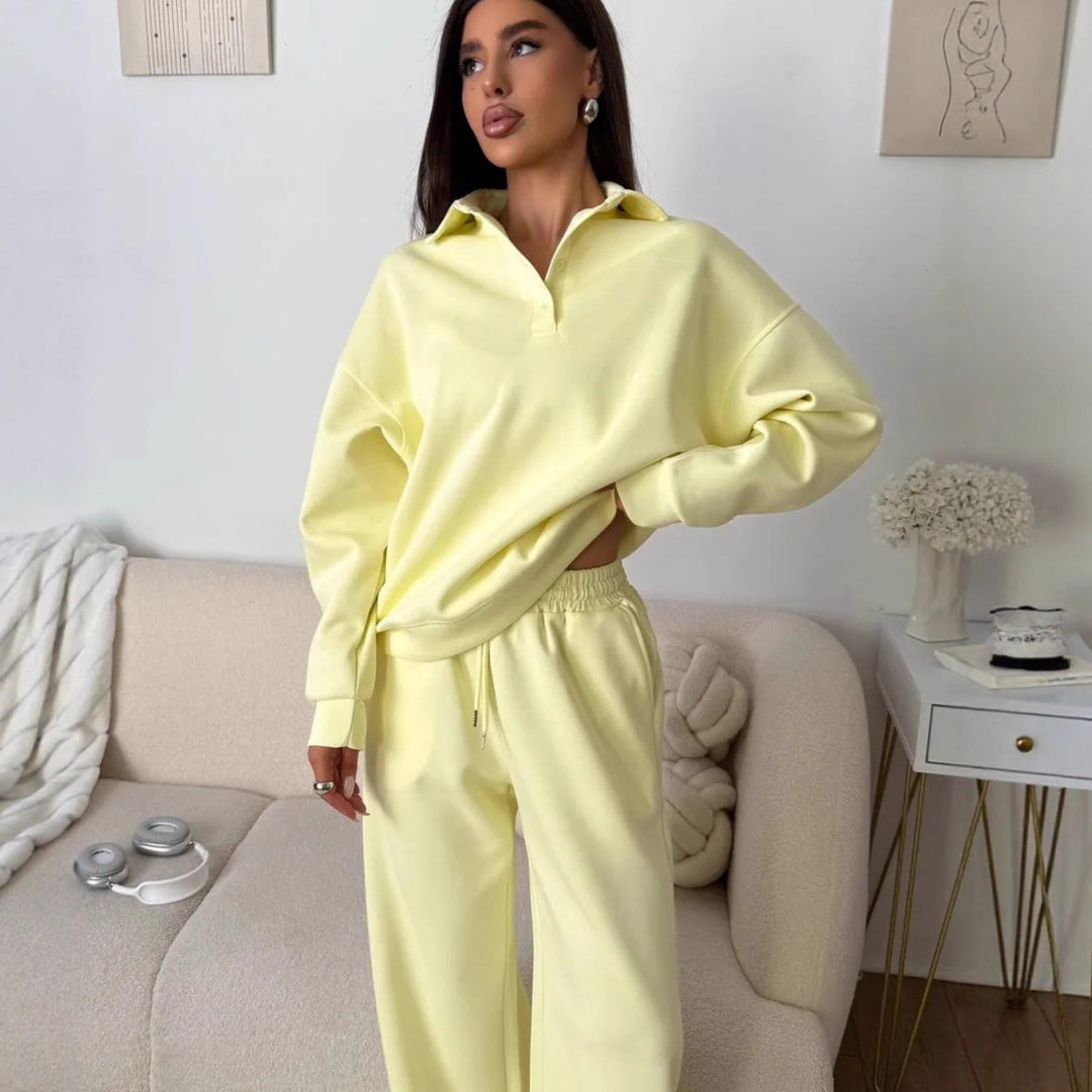 Damen weites Polo-Lounge-Set mit elastischem Tunnelzugbund und Wide‑Leg-Jogginghose Drune