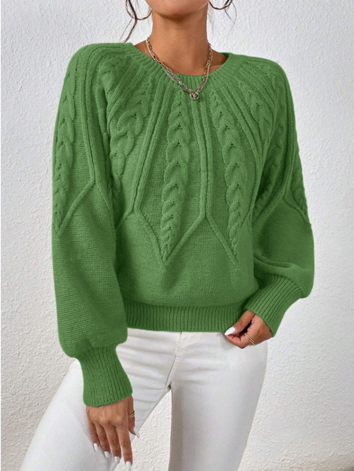 Damen nan kurzer Zopfmuster-Strickpullover mit Ballonärmeln und geripptem Saum Drune