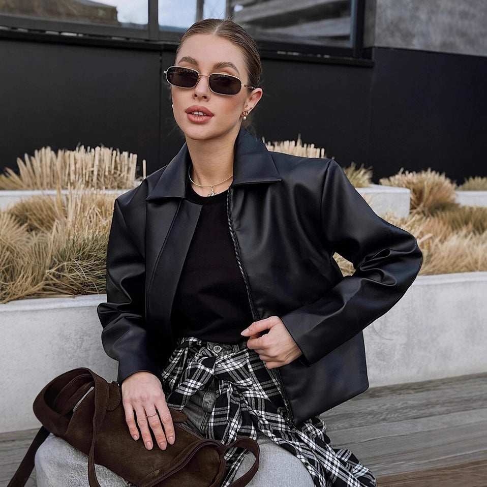 Damen Kunstlederjacke mit schlichter Schnittführung und dekorativem Kragen Drune