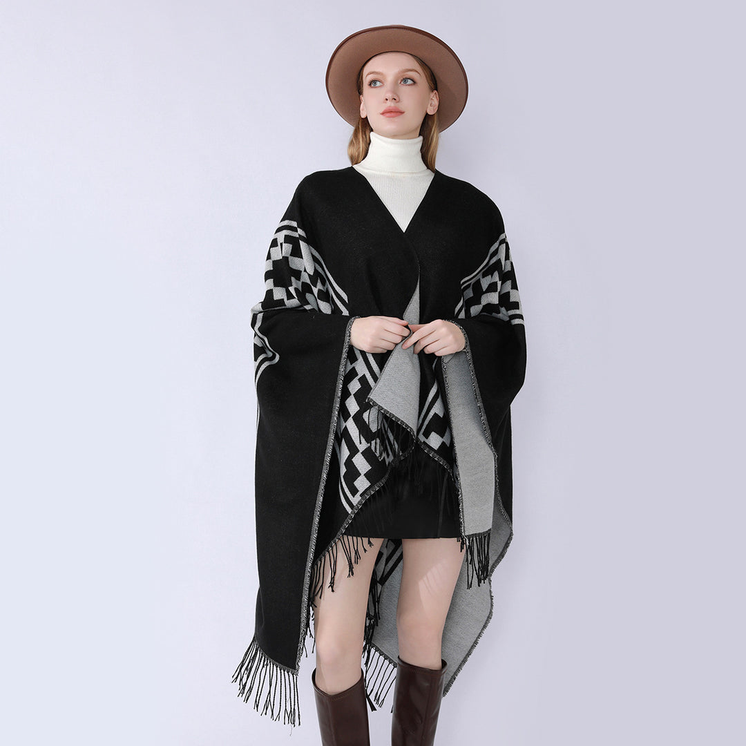 Damen Oversize-Cape mit geometrischem Jacquard, Fransensaum und Wendefunktion Drune
