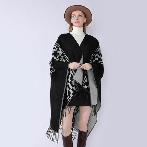 Damen Oversize-Cape mit geometrischem Jacquard, Fransensaum und Wendefunktion Drune