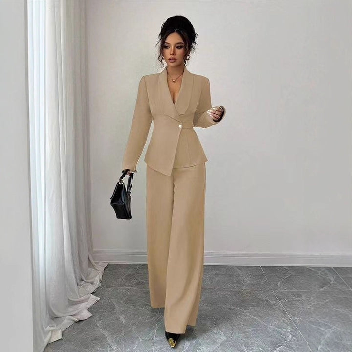Damen tailliertes Hosenanzug-Set mit asymmetrischem Blazer und weitem Bein Drune