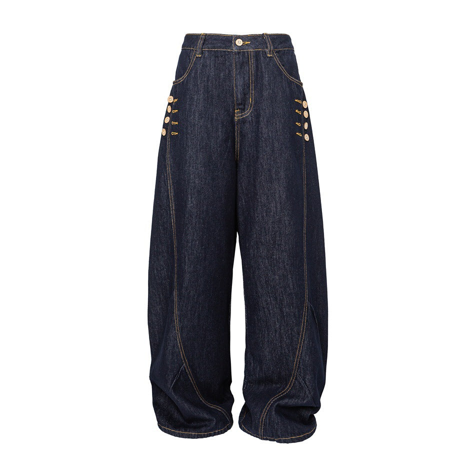 Damen Weite High‑Waist Jeanshose mit Ballon‑Silhouette und seitlichen Zierknöpfen Drune