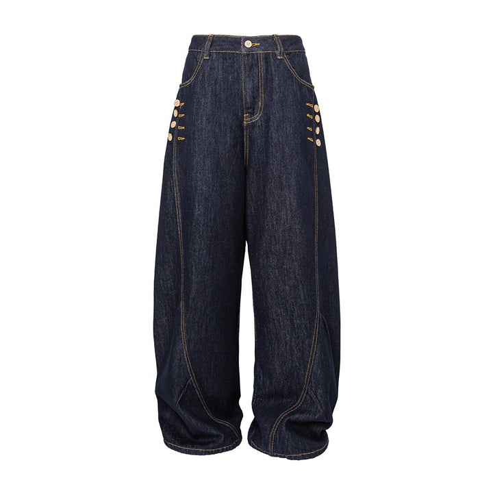 Damen Weite High‑Waist Jeanshose mit Ballon‑Silhouette und seitlichen Zierknöpfen Drune