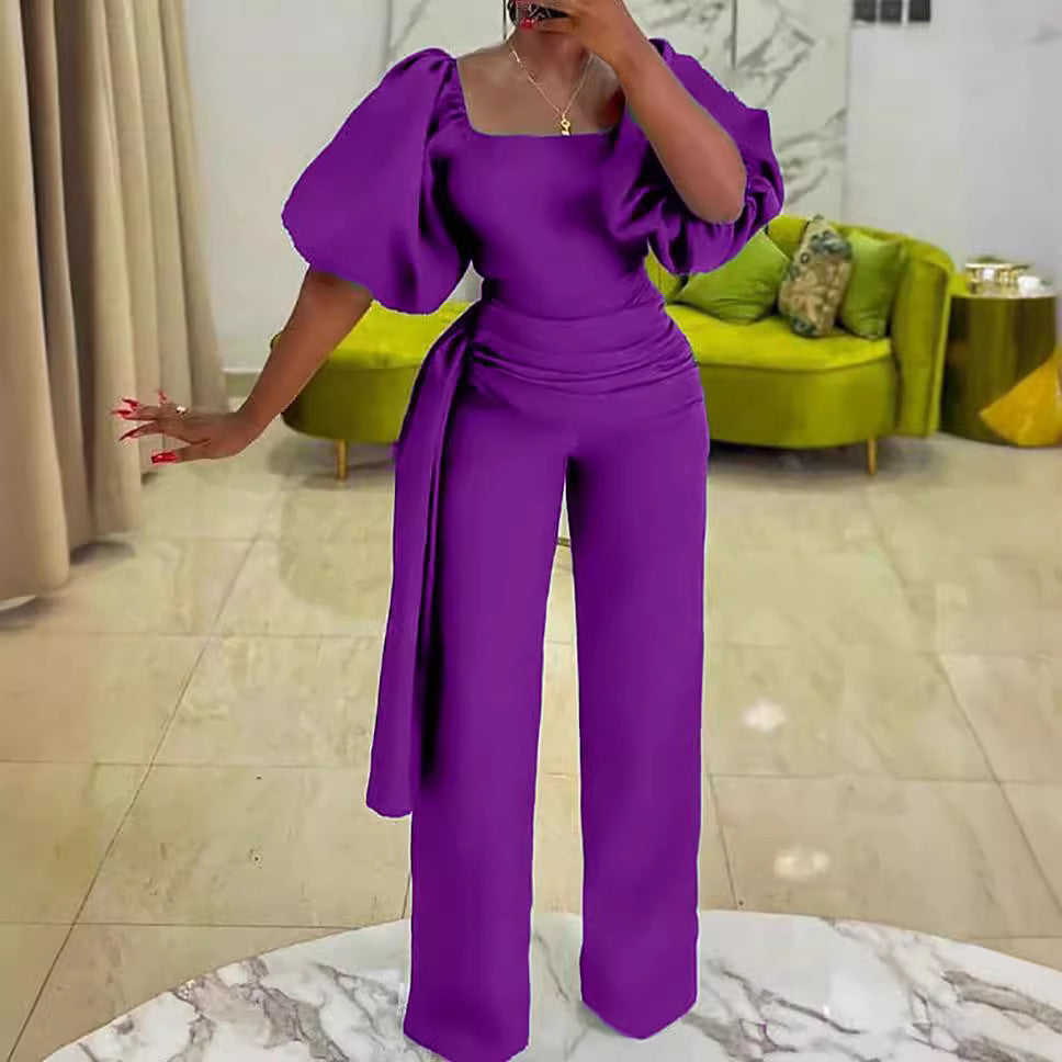 Damen Eleganter Jumpsuit mit voluminösen Puffärmeln und tailliertem Bund Drune