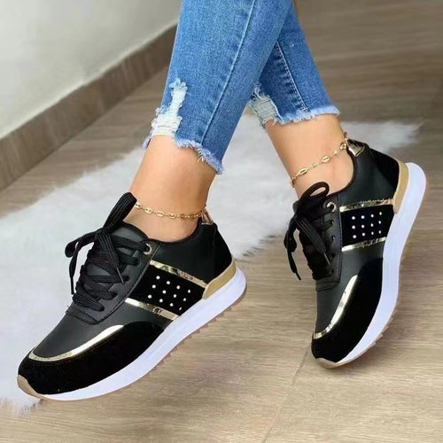 Damen Elegante City-Keil-Sneaker mit Wildleder‑Mesh‑Mix und goldenen Zierstreifen Drune