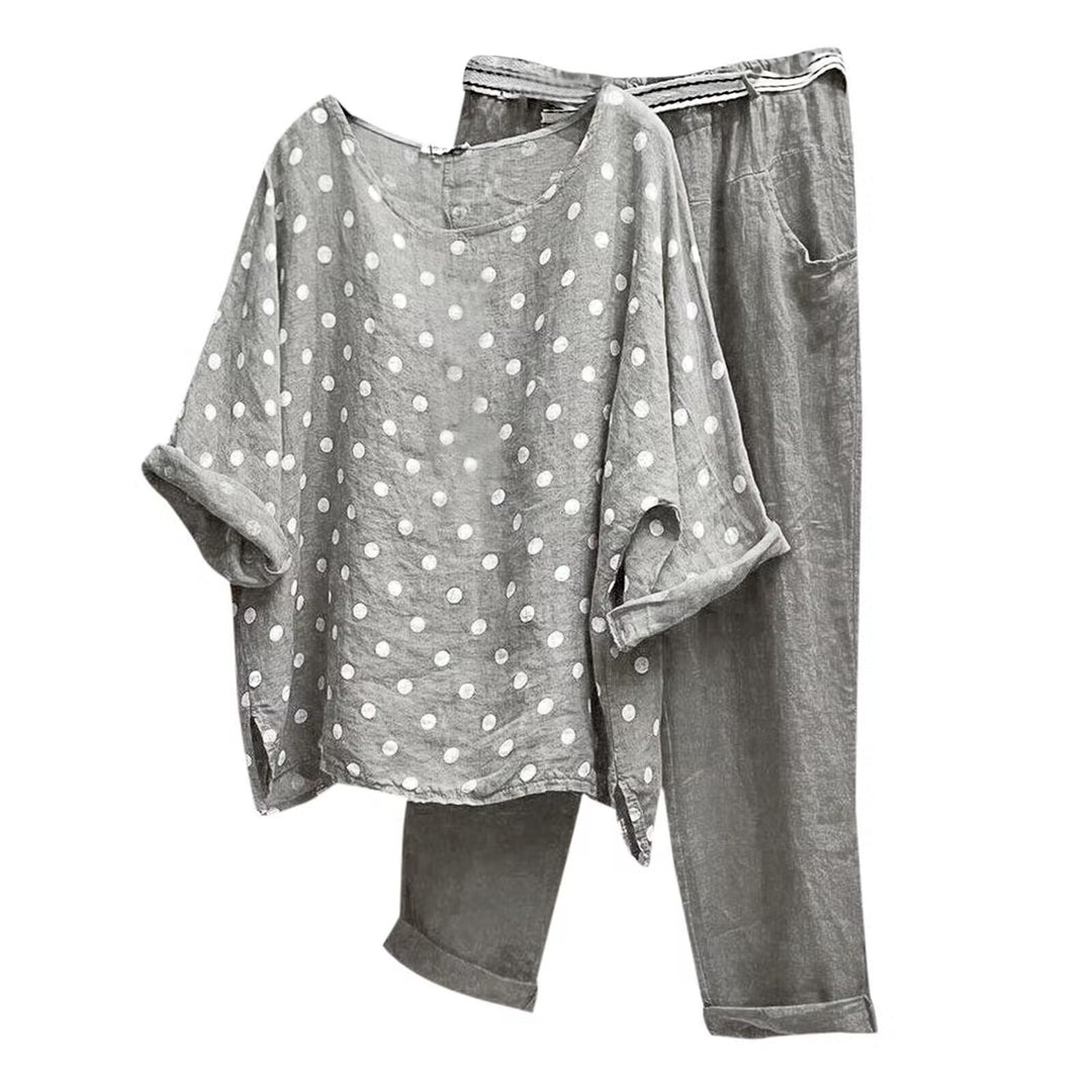 Damen nan komfortables Leinen-Freizeitset mit weiter Tunika, Pünktchenmuster und elastischer Bundhose Drune