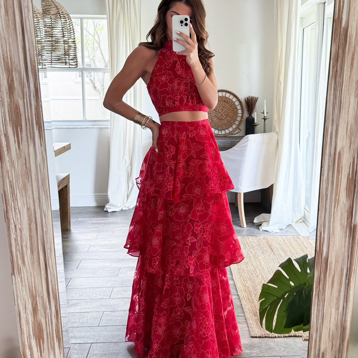 Damen Maxikleid mit floralem Design und Rüschenschichten Drune