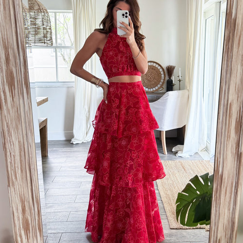Damen Maxikleid mit floralem Design und Rüschenschichten Drune