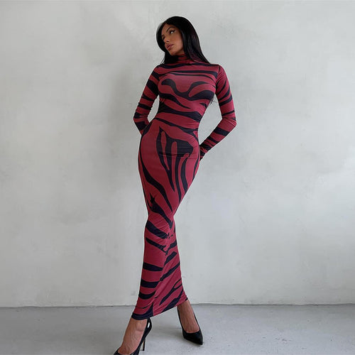 Damen Elegantes transparentes Maxikleid mit Leopardenmotiv und langem Arm Drune