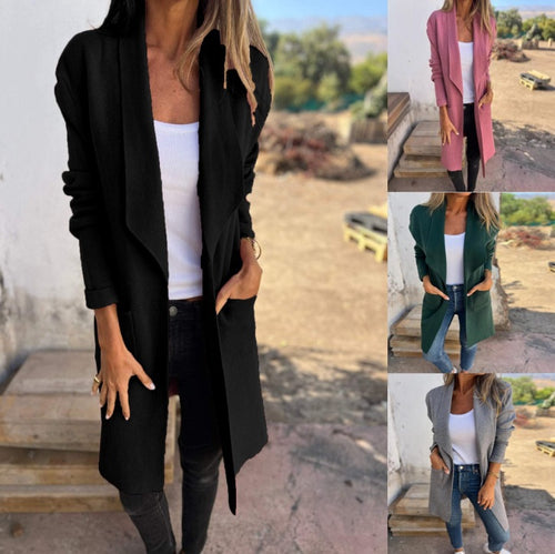Damen Offener Longcardigan-Mantel mit Schalkragen und Eingrifftaschen Drune