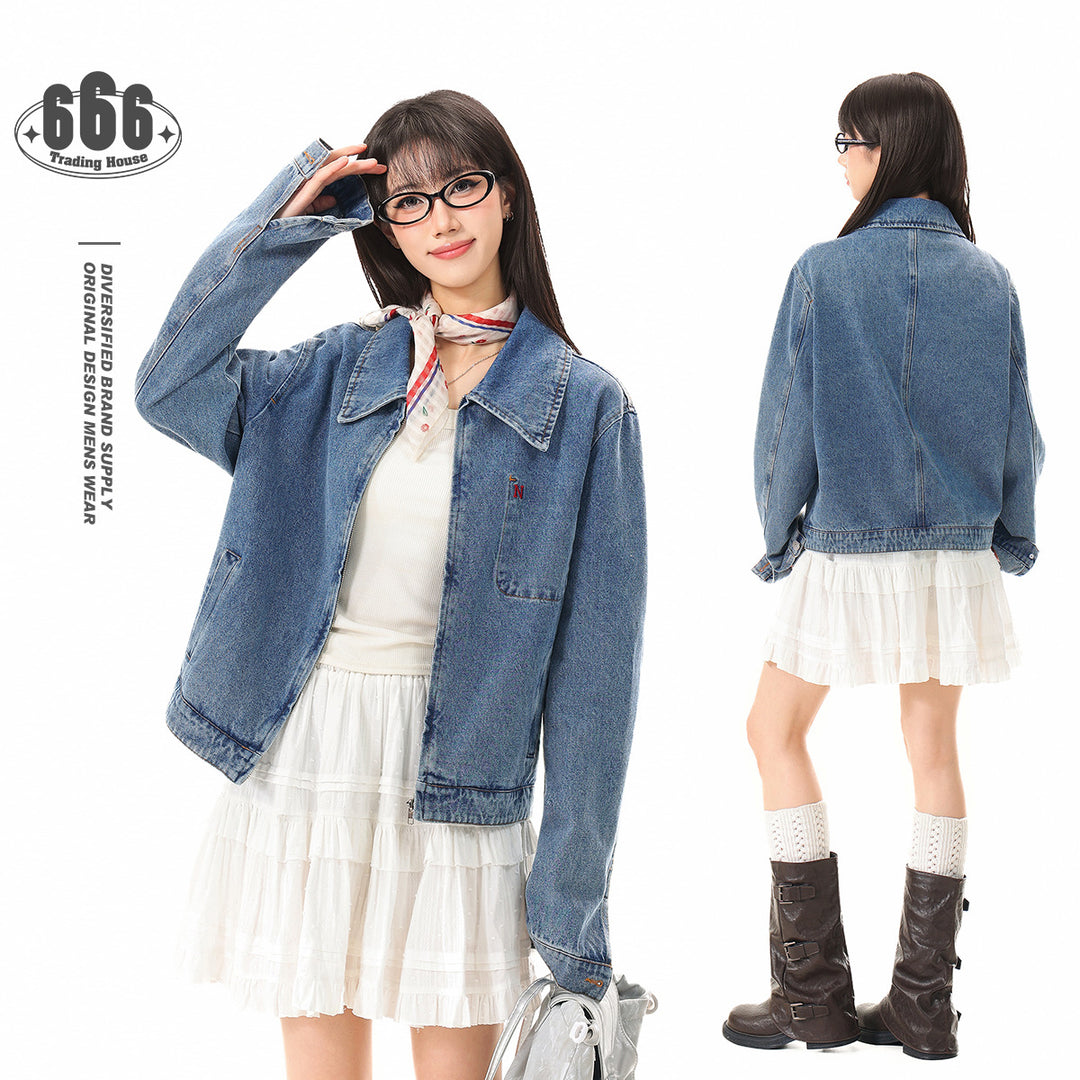 Damen Kurze Oversize-Denimjacke mit durchgehendem Reißverschluss und Brusttasche Drune