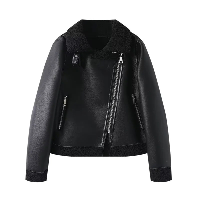Damen nan taillierte Bikerjacke in Lammfelloptik mit asymmetrischem Reißverschluss Drune