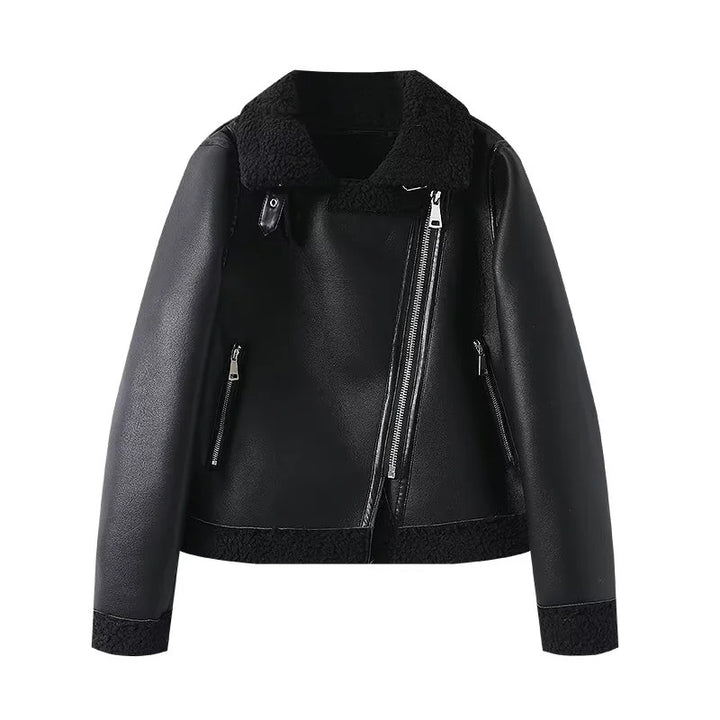 Damen nan taillierte Bikerjacke in Lammfelloptik mit asymmetrischem Reißverschluss Drune