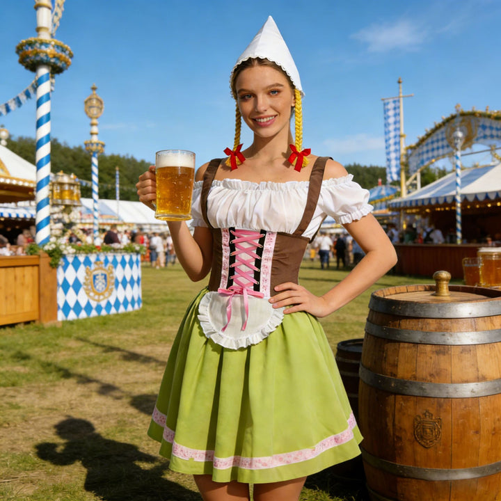 Damen nan traditionelles Dirndl-Kostüm mit Schnürung, Schürze und spitzem Kopftuch Drune