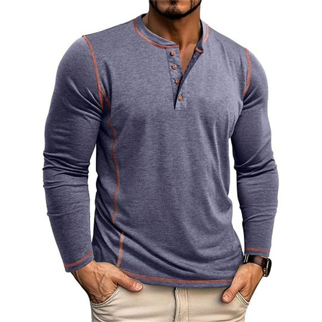 Herren Elastisches Langarm-Henley-Shirt mit Kontrastnähten und Knopfleiste EB