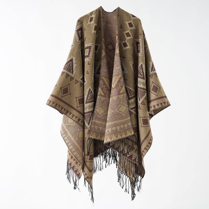 Damen Jacquard‑Wickelruana im Ethno‑Design mit Fransen und offenem Fall Drune