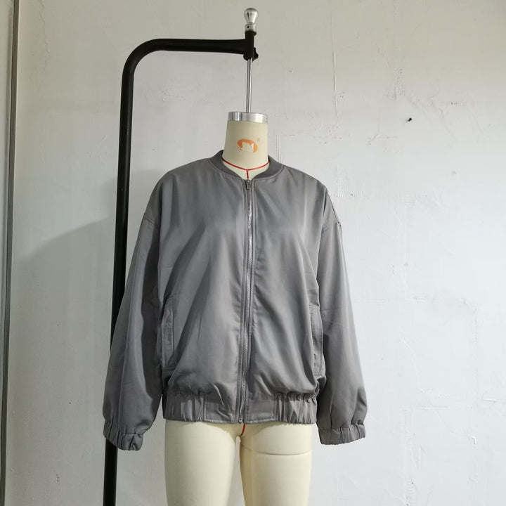 Unisex nan leichter Oversize-Bomber mit durchgehendem Metallreißverschluss geripptem Kragen und elastischem Saum Drune