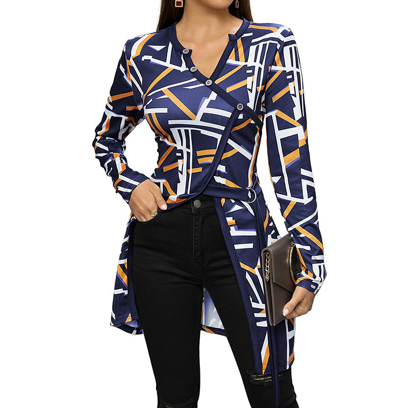 Damen Asymmetrisches Longsleeve-Tunikashirt mit diagonaler Knopfleiste und Seitenschlitzen Drune