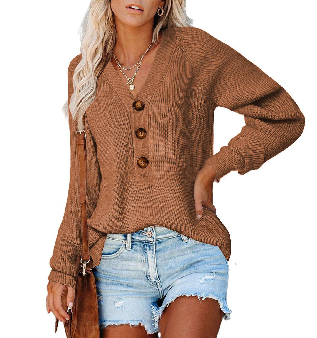 Damen Gerippter Strickpullover mit V‑Ausschnitt, Zierknopfleiste und Ballonärmeln Drune