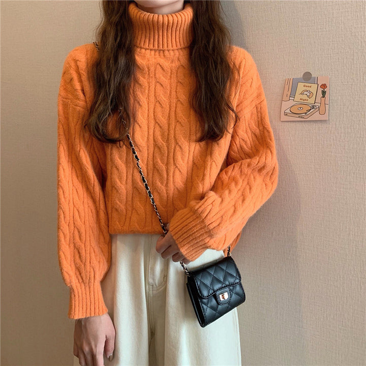 Damen Grobstrickpullover mit hohem Kragen und Zopfmuster Drune