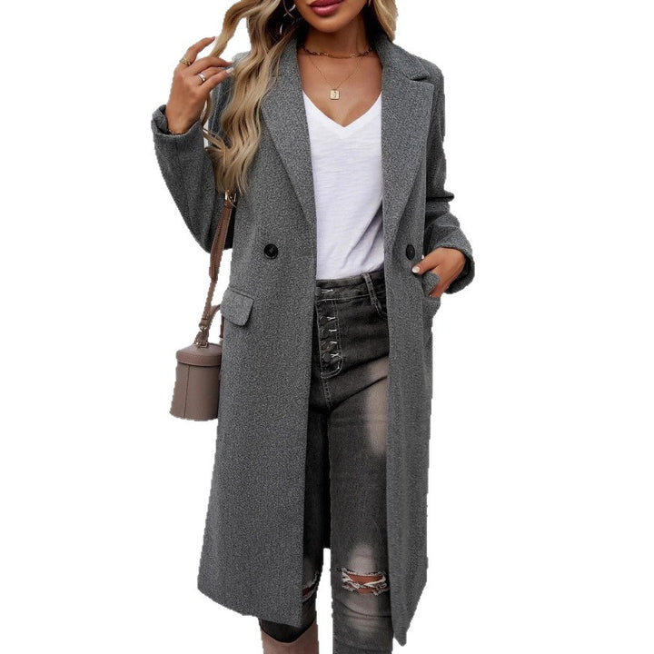 Damen modischer Langmantel mit doppelter Knopfleiste und Taschen Drune