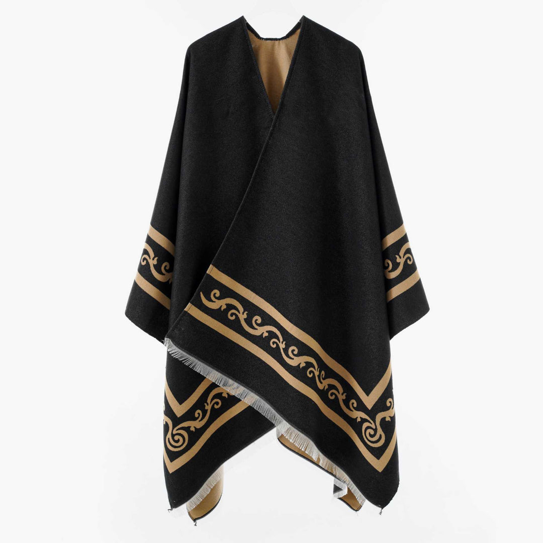 Damen Oversize Jacquard-Capeponcho aus Wollmix mit geometrischem Muster und Fransen Drune