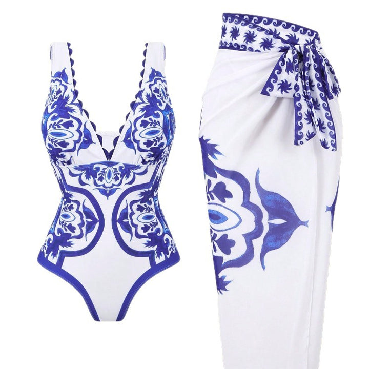 Damen Badeanzug mit femininen Jacquard-Muster und passendem Wickelrock Drune