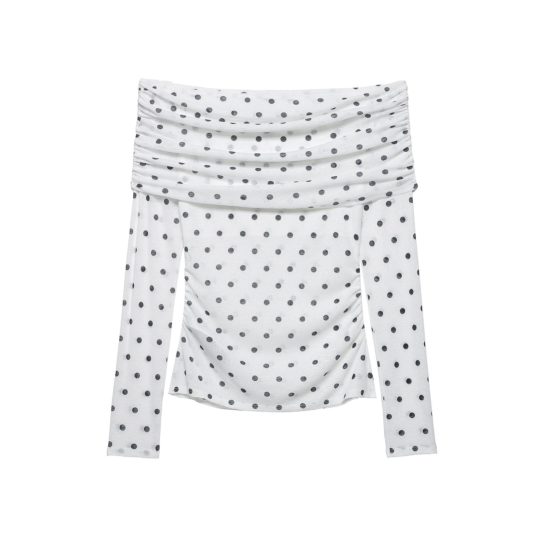 Damen Schulterfreies Langarmshirt mit drapiertem Umschlagkragen und Polka‑Dot-Muster Drune