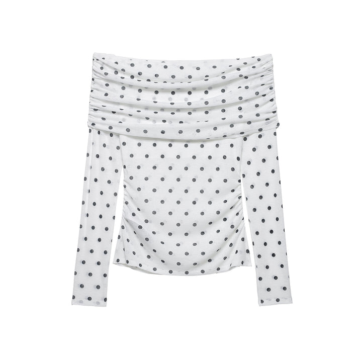 Damen Schulterfreies Langarmshirt mit drapiertem Umschlagkragen und Polka‑Dot-Muster Drune