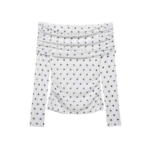 Damen Schulterfreies Langarmshirt mit drapiertem Umschlagkragen und Polka‑Dot-Muster Drune