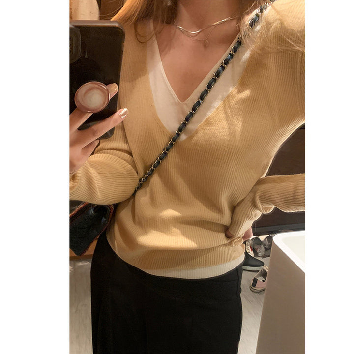 Damen V-Ausschnitt Pullover aus feinem Rippstrick Drune