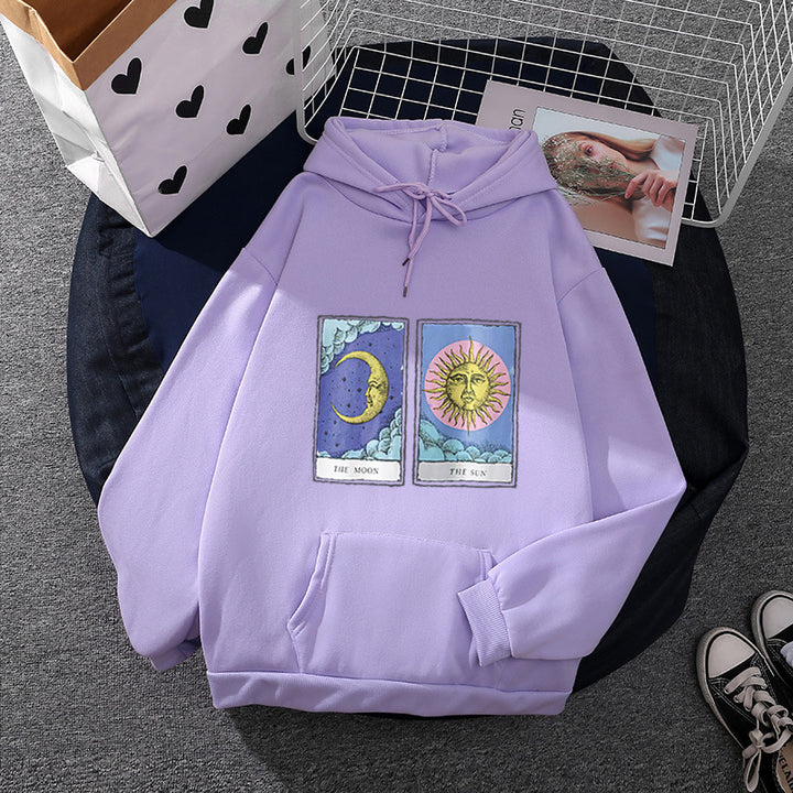 Damen nan leichter Oversize Kapuzenpullover mit Herz‑EKG‑Motiv, langen Kordeln und elastischem Bund Drune