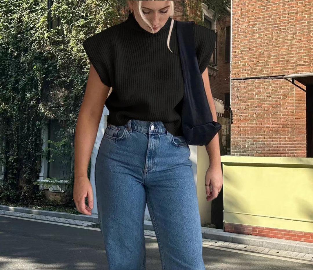 Damen Stricktop mit Stehkragen und Puffärmeln Drune