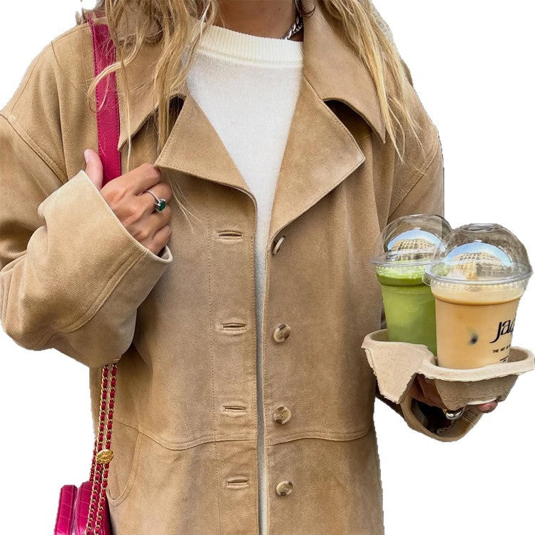 Damen Kurzmantel aus Veloursleder‑Optik mit kastiger Silhouette, Hornknopf‑Front & Eingrifftaschen Drune