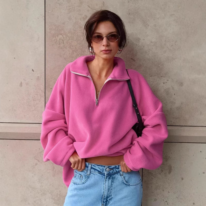 Damen lässiger Fleece-Pullover mit halbem Reißverschluss und oversized Schnitt Drune