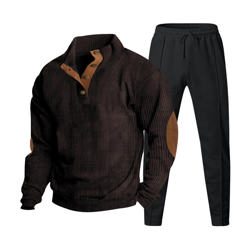 Herren Strukturiertes Henley-Loungewear-Set mit Ellenbogen-Patches & tapered Jogginghose Drune