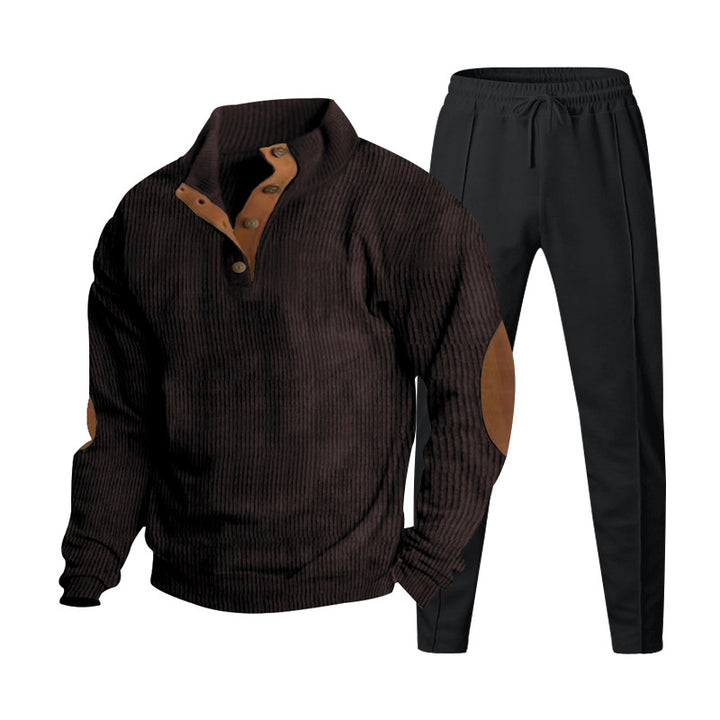 Herren Strukturiertes Henley-Loungewear-Set mit Ellenbogen-Patches & tapered Jogginghose Drune