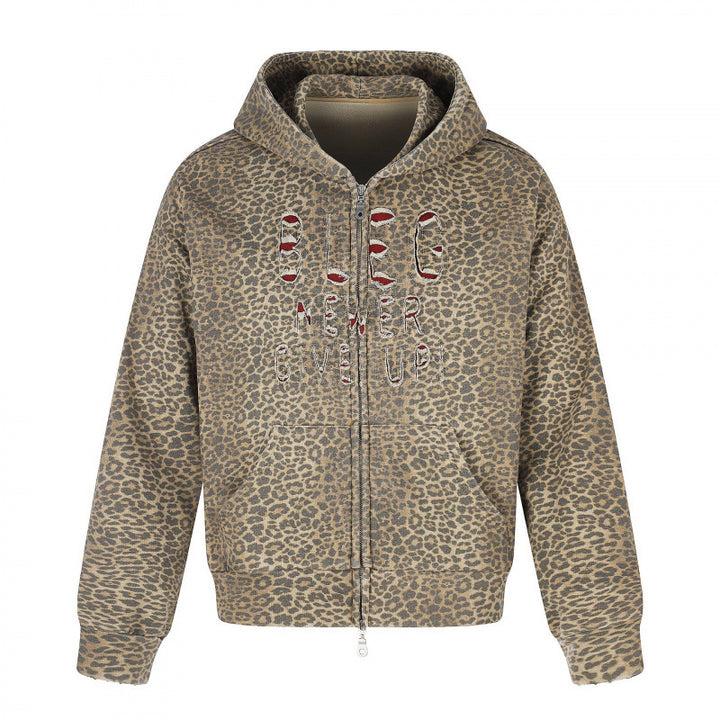 Unisex Kapuzenjacke im Leo‑Allover mit Vintage‑Effekt, Reißverschluss und Destroy‑Stickerei Drune