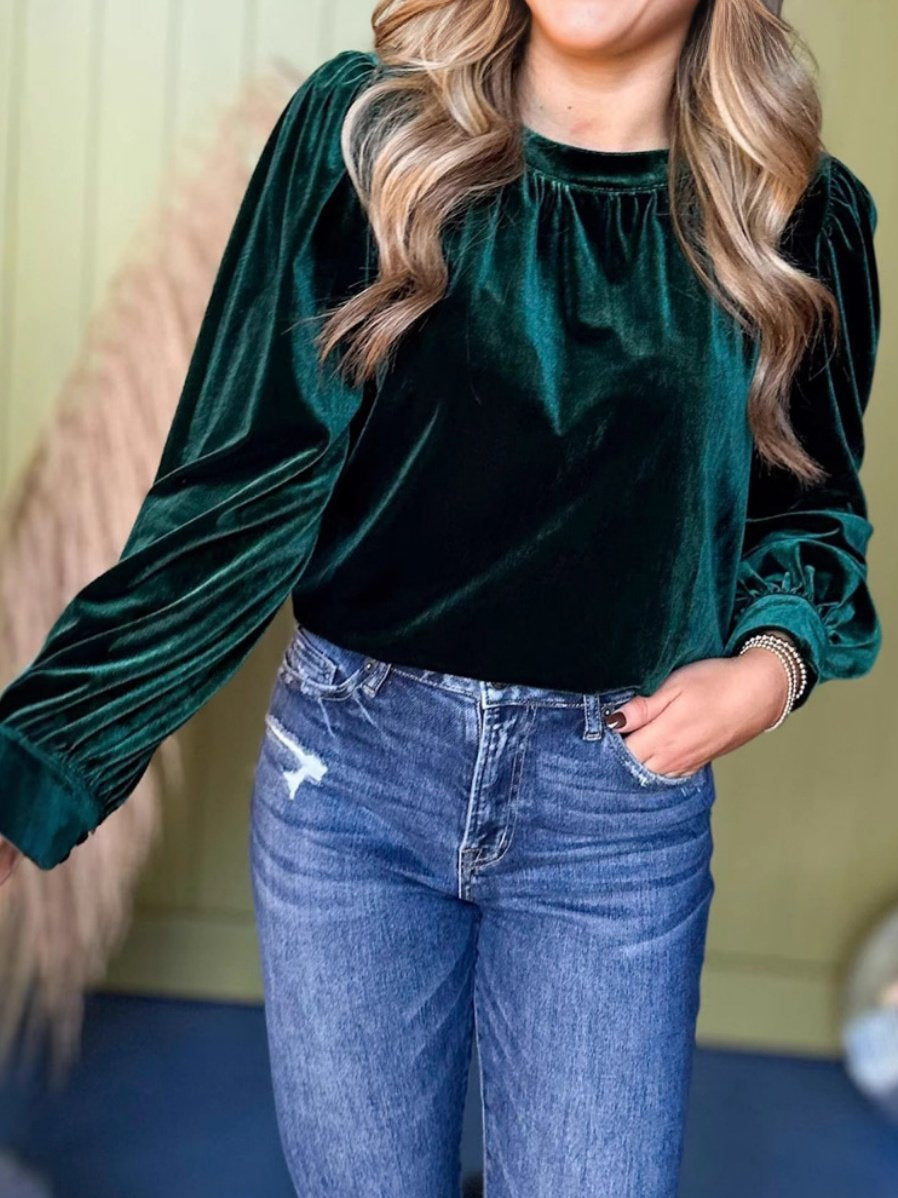 Damen Samtbluse mit Ballonärmeln und gerafftem Stehkragen Drune