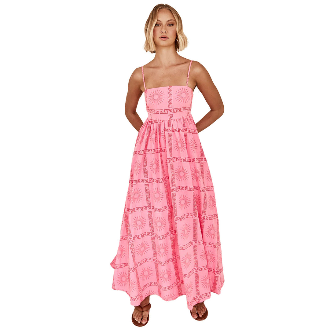Damen Maxikleid mit gesmoktem Oberteil und verspieltem Grafikdesign Drune