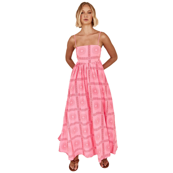 Damen Maxikleid mit gesmoktem Oberteil und verspieltem Grafikdesign Drune