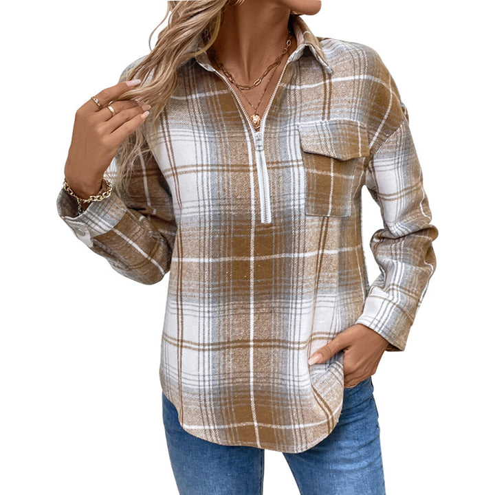Damen Oversize-Karo-Halbzip-Hemdbluse aus Flanell mit aufgesetzter Brusttasche Drune