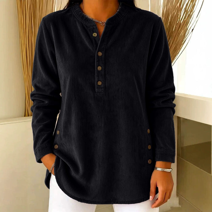 Damen Lässige Cordoptik‑Tunika mit Henley‑Kragen und Seitenknöpfen Drune