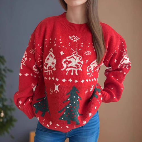 Damen gestrickter Weihnachtspullover mit festlichen Motiven und lässigem Schnitt Drune