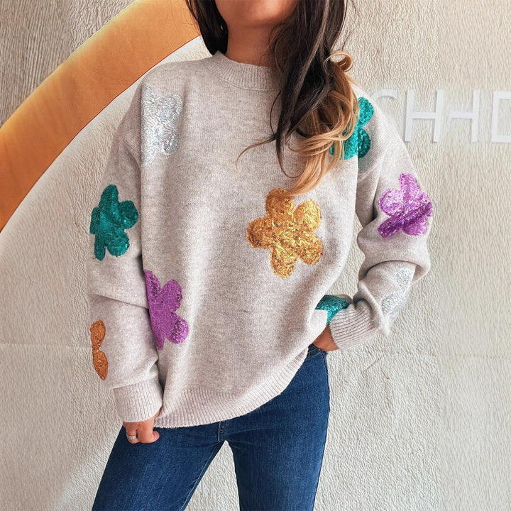 Damen Pullover mit bunten Paillettenblumen Drune