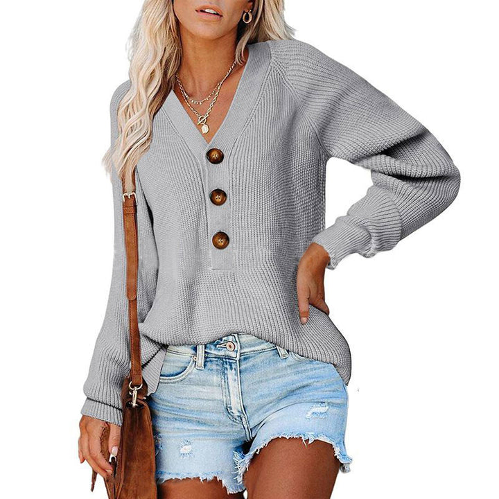Damen Gerippter Strickpullover mit V‑Ausschnitt, Zierknopfleiste und Ballonärmeln Drune