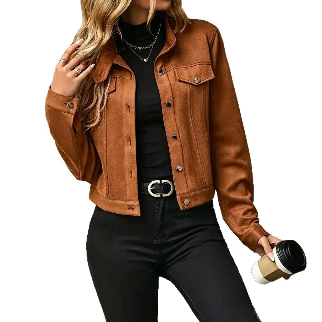 Damen Kurzjacke aus Veloursleder‑Optik mit Hemdkragen und Brusttaschen Drune
