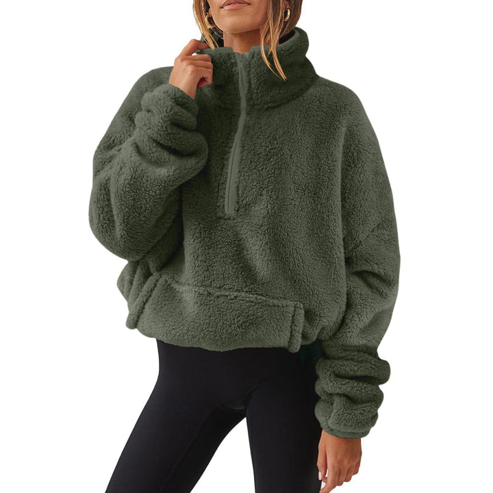 Damen nan Oversize-Halbzip Teddy-Fleecepullover mit Kängurutasche und hohem Stehkragen Drune