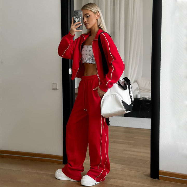 Damen nan kurzes Reißverschluss-Hoodie und hohe Taillen-Jogginghose Set mit dekorativer Seitenpaspel Drune